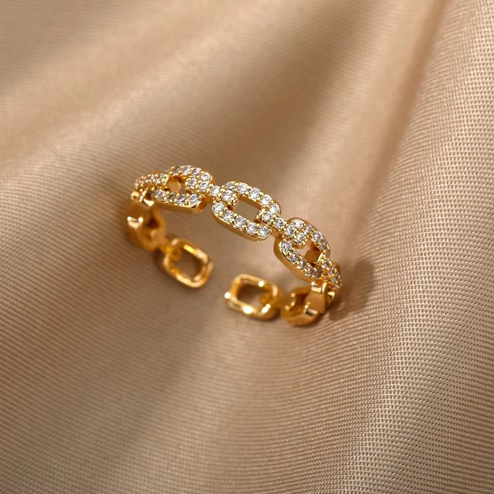 Luxury Zircon Geometric Rings For Women Stainless Steel Gold Color Open Ring Trendy Wedding Party Aesthetic Jewerly Gift Femme
