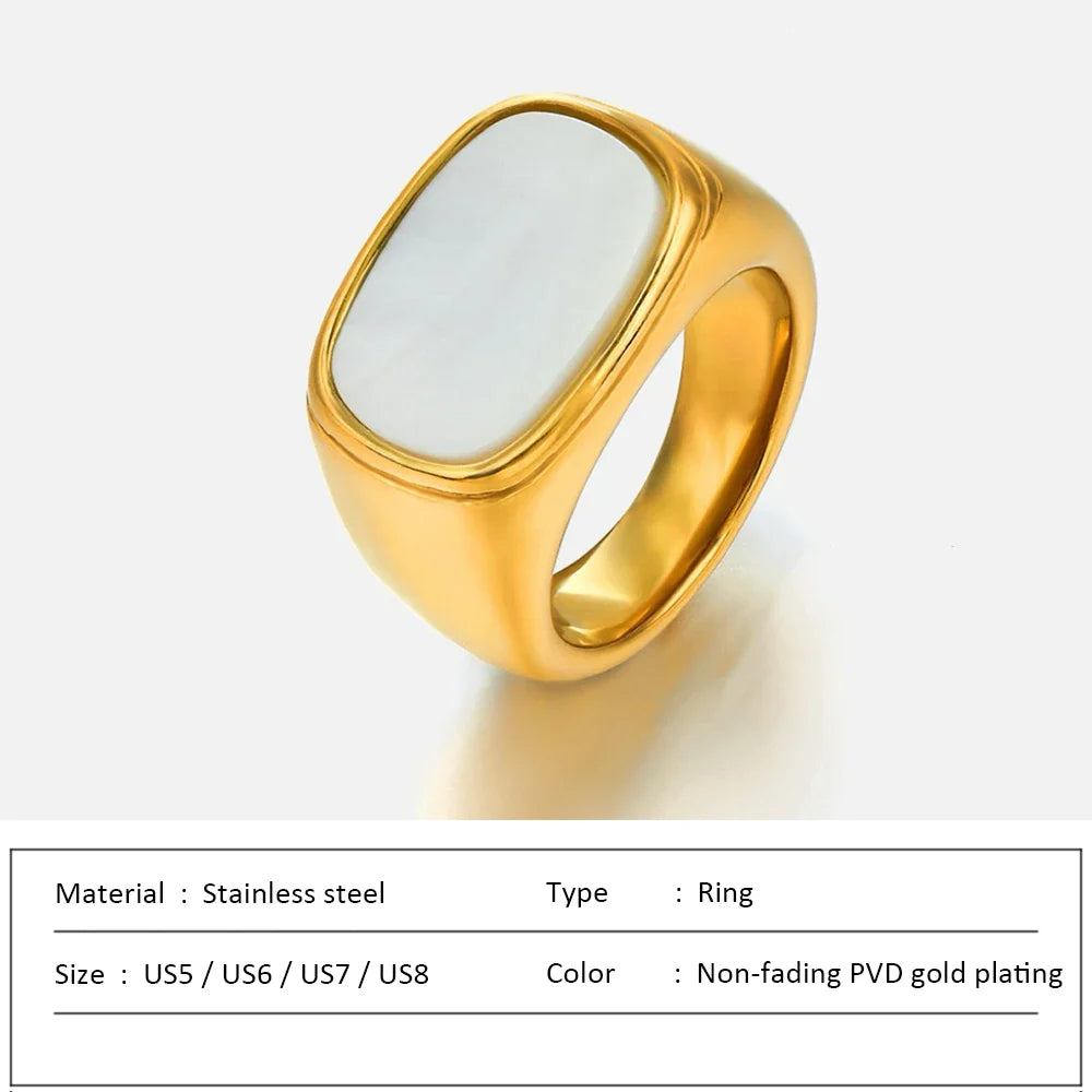 SUNIBI Square Vintage Shell Ladies Ring Stainless Steel White Gold Color Large Chunky Ring Party Jewelry Accessories Gift Dinner