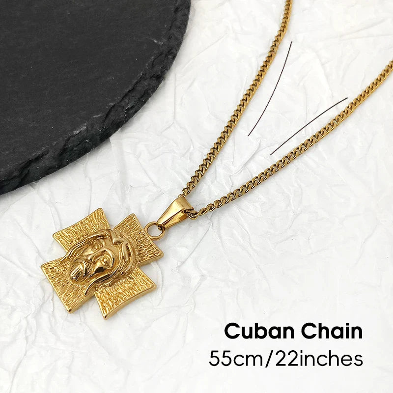 18K Gold Plated Jesus Face Cross Pendant Necklace Religious Charm for Men Women Faith-Inspired Jewelry Christian Gift