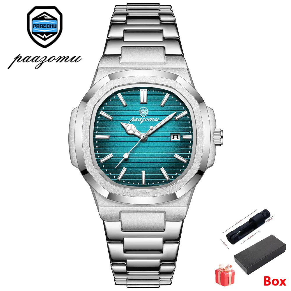PAAZOMU Luxury Watch Business 50 ATM Waterproof Male Clock Luminous Date Stainless Steel Square Quartz Men Watches reloj hombre
