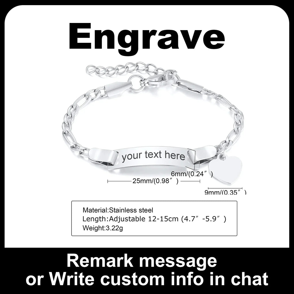 Customized Heart Bracelet for Little Girl Boy, Engravable ID Name Bracelet, Personalized Stainless Steel Chain Birthday Gift