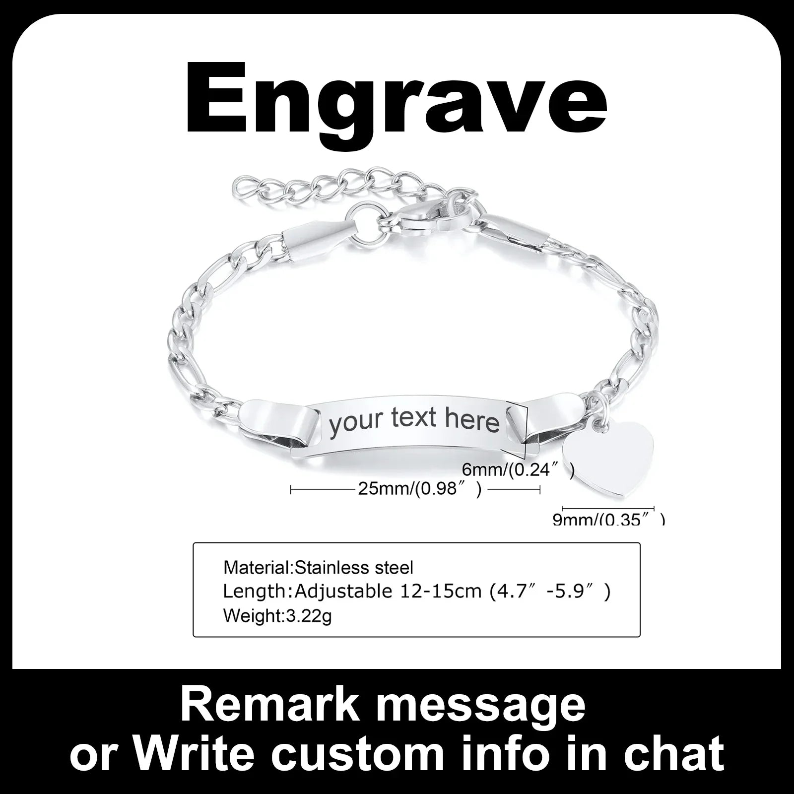 Customized Heart Bracelet for Little Girl Boy, Engravable ID Name Bracelet, Personalized Stainless Steel Chain Birthday Gift