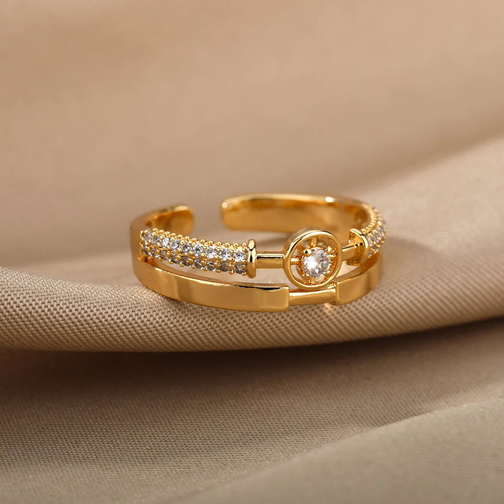 Zircon Chain Cross Rings For Women Vintage Gold Color Stainless Steel Geometric Open Ring Fashion Wedding Aesthetic Jewelry Gift