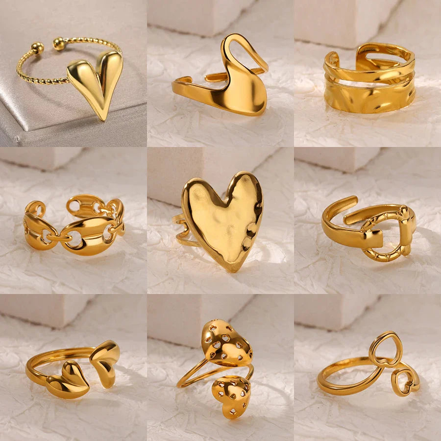 Double Heart Rings For Women Gold Color Stainless Steel Open Adjustable Ring Female Fashion Party Wedding Aesthetic Jewelry Gift