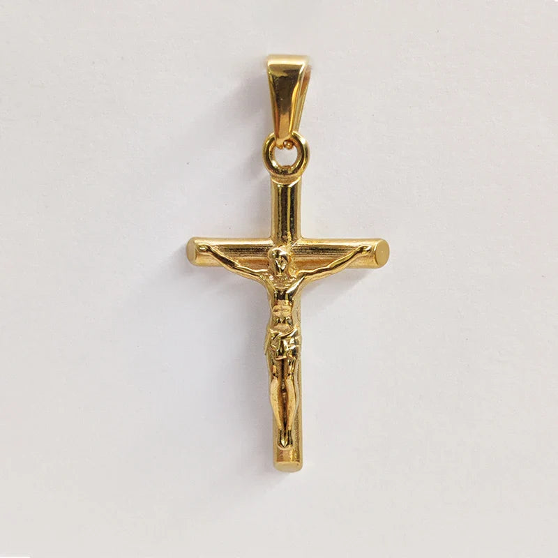 Jesus Cross 18k Gold Plated Stainless Steel Pendant Necklace For Men Unisex Religious Waterproof  Jewelry Accessories