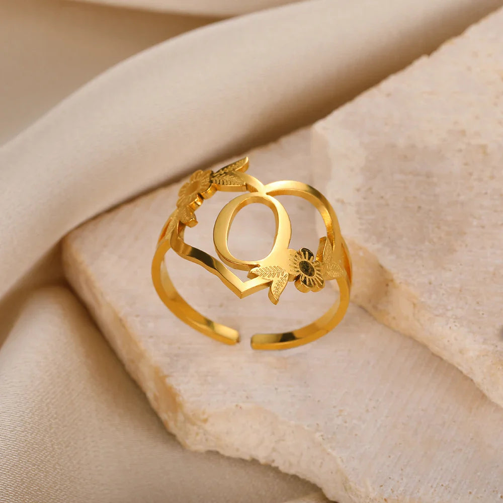 Stainless Steel Initials Letter Heart Rings for Women Girls Gold Color Flower Alphabet Ring Fashion Valentine's Day Jewelry Gift
