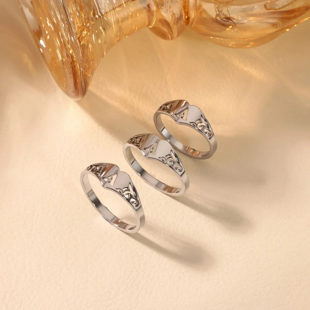Stainless Steel A-Z Letter Heart Rings For Women Silver Color Hollow Initial Letter Ring Aesthetic Wedding Jewelry Gift