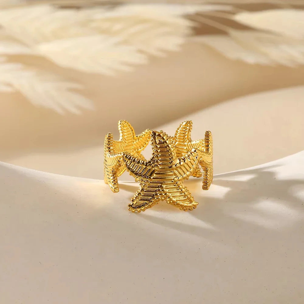 316L Stainless Steel Starfish Shell Rings for Women Gold Color Open Finger Ring Femme Trendy Summer Vacation Ocean Jewelry Gift