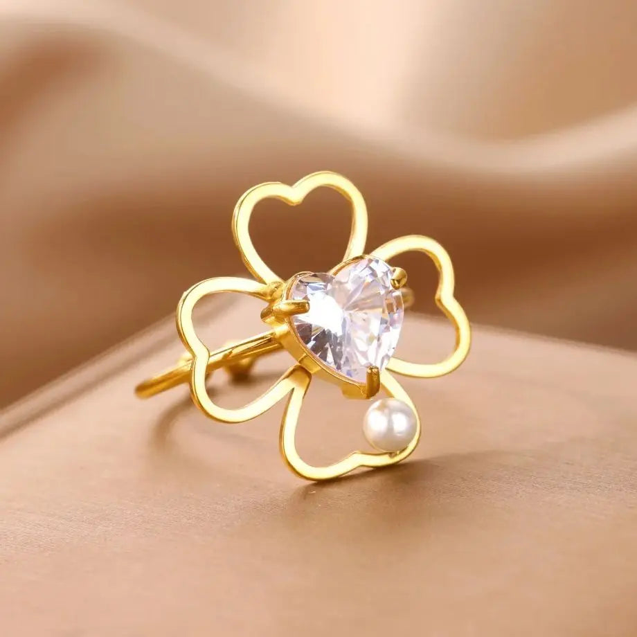 Stainless Steel Four Leaf Clover Rings For Women Gold Color Zircon Opening Couple Ring Aesthetic Wedding Bohemian Jewelry Gift