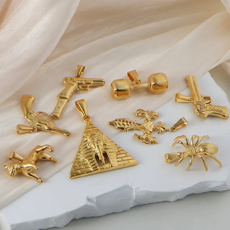 18k Gold Plated 316l Stainless Steel Vintage Pyramid Pharaoh Pistol Barbell Pendant Charm - Unisex Trendy Jewelry
