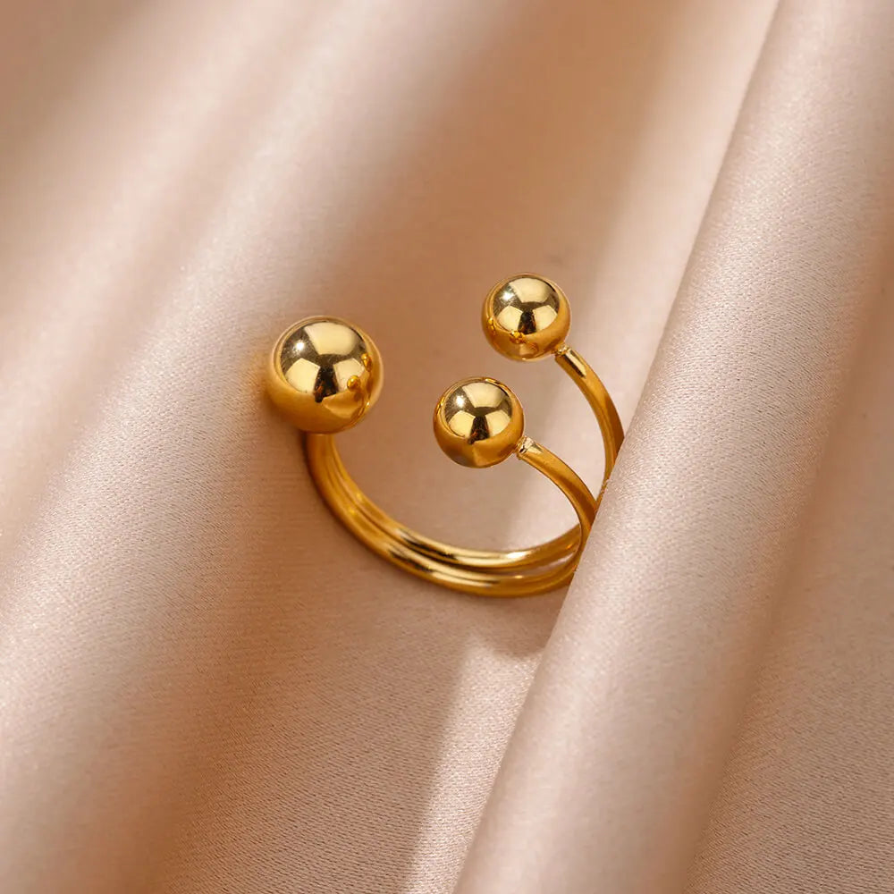 Stainless Steel Smooth Double Ball Beads Rings For Woman Vintage Opal Natural Stone Ring Fashion Gold Color Aesthetic Jewelry