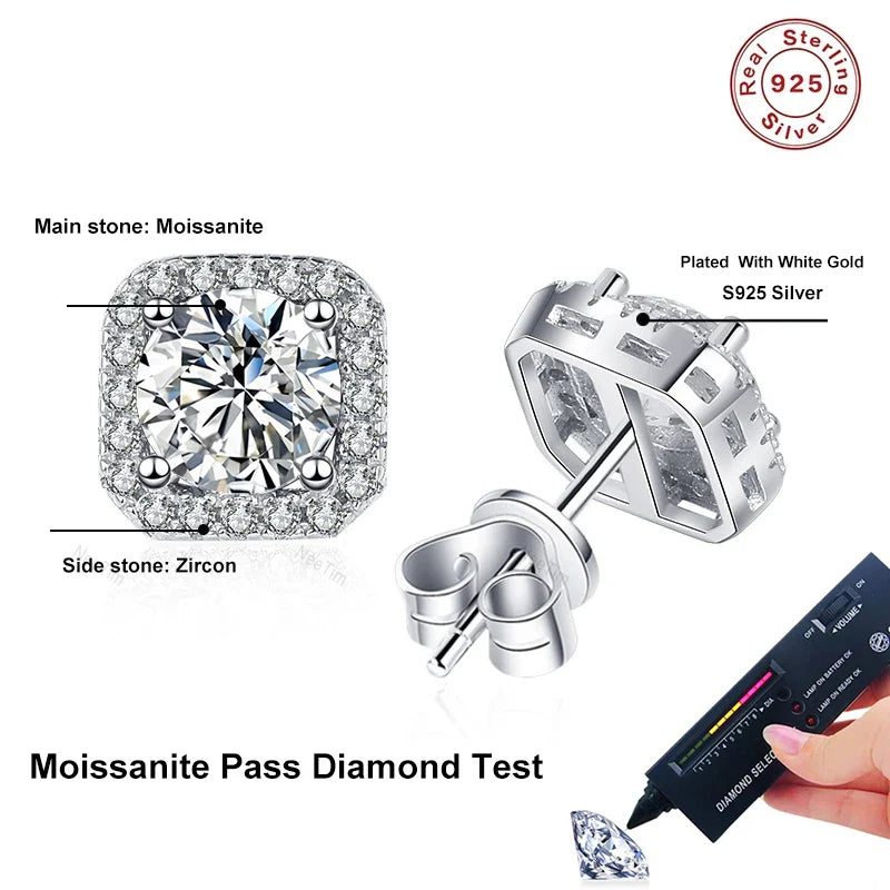 Neetim Real 0.5-1 Carat D Color Moissanite Stud Earrings For Women 100% 925 Sterling Silver Sparkling Earring Wedding Jewelry