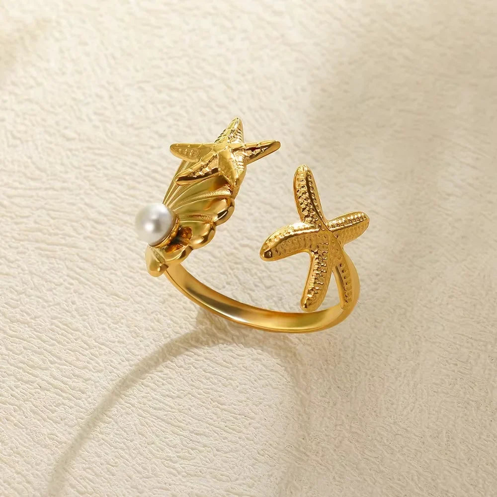2025 Freshwater Anillos Stainless Steel Pearl Starfish Shell Rings For Women Punk Gold Color Vintage Waterproof Beach Jewelry