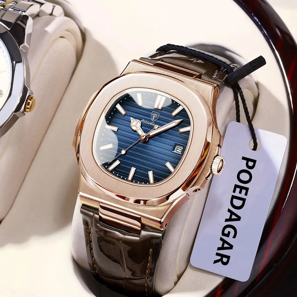 POEDAGAR Fashion Square Men's Watch Waterproof Luminous Date Business Man Wristwatch Casual Leather Quartz Watches For Men Reloj