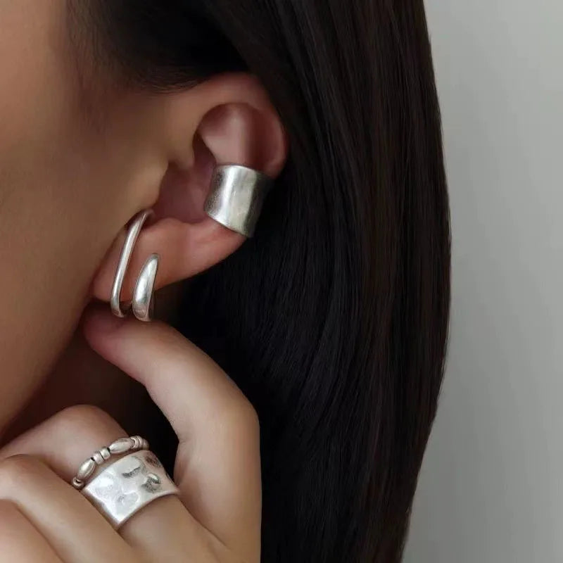 Vintage Fake Piercing Earcuff Double Circle Ear Cuff Faux Earrings for Women Man Hiphop Cuffs Earclips Accessories Korean Fashio