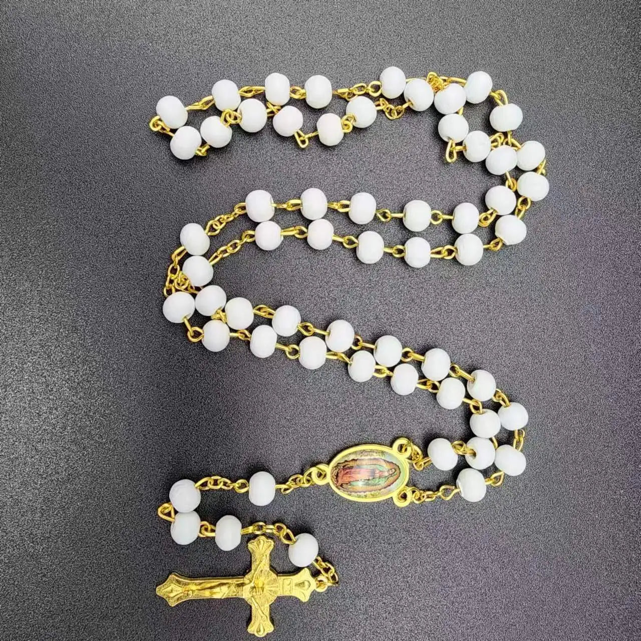 White Wooden Rosary Necklace For Women Crucifix Cross Pendant Long Chain Necklace Men  Religious Catholic Prayer Jewelry