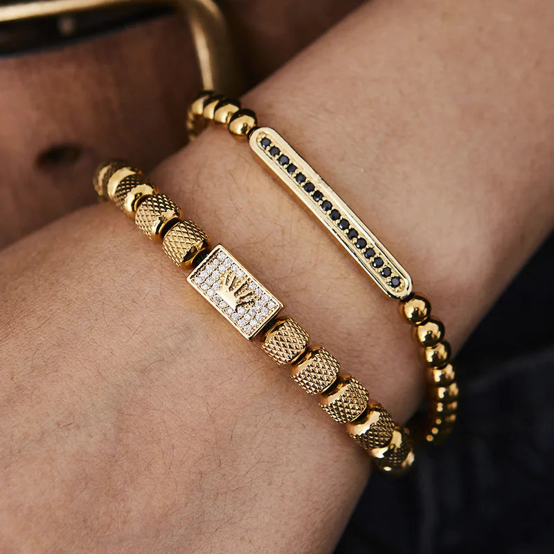 1set Stainless Steel Bracelet Pineapple Bead Crown with Zircon Weaving Adjustable Bracelet Set Trendy Fashion Accessories