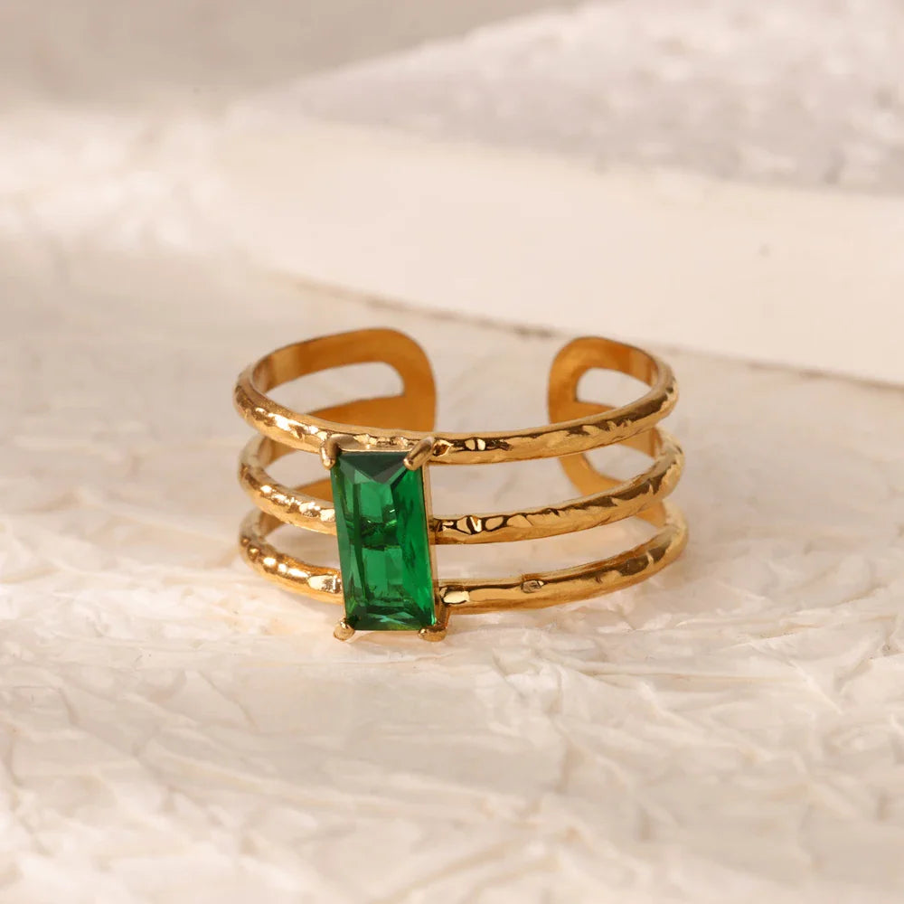Green Cubic Zircon Heart Rings For Women Vintage Gold Color Stainless Steel Open Ring Fashion Aesthetic Jewelry Wedding Gift