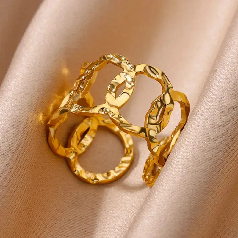 Stainless Steel Flower Rings for Women Gold Color Shell Starfish Multi Layer Hollow Out Ring Fashion Charm Jewelry Wedding Gifts