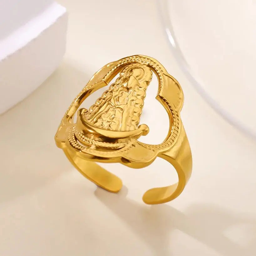 Vintage Virgin Mary Open Ring For Women Stainless Steel Gold Color Religious Ring Jesus Christian Jewelry Party Gift ﻿