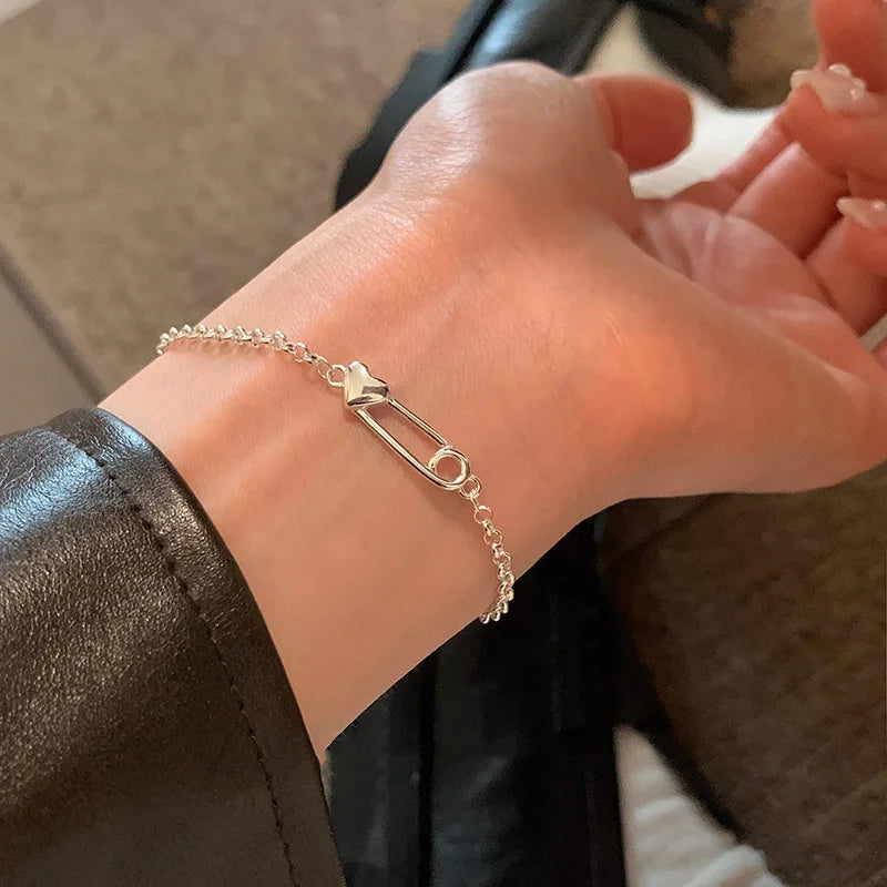 Sterling Silver plated Thai Silver Bracelet for Women Vintage Geometric Heart Love Lucky Punk Jewelry 2023 New Dropship