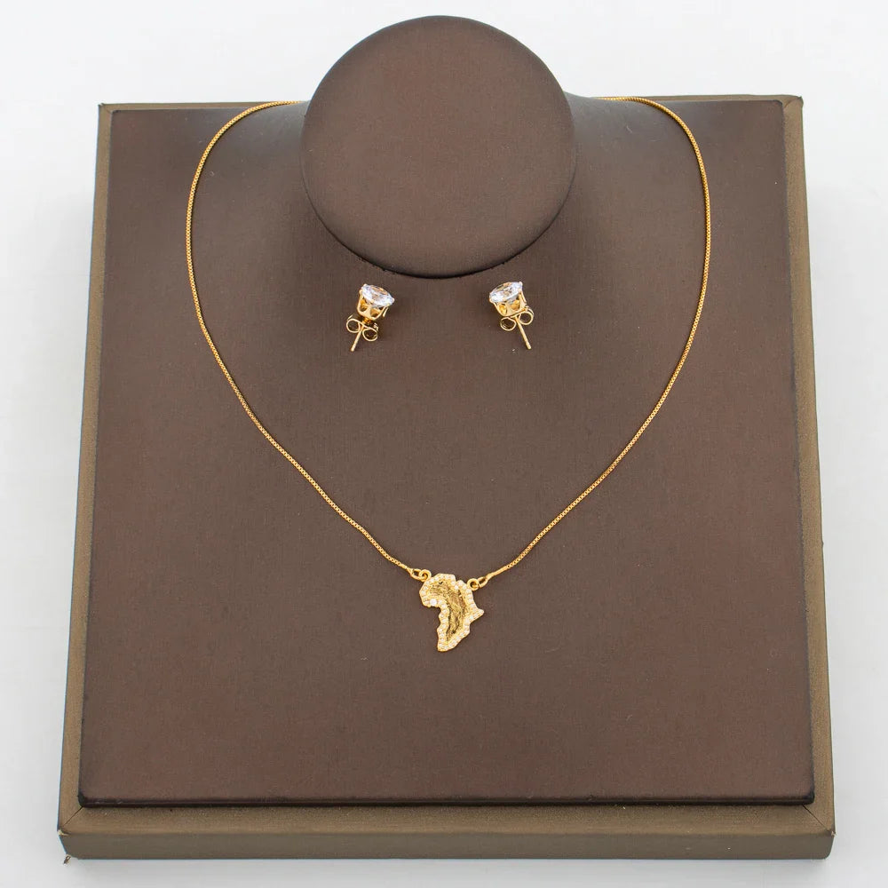 Gold Color Earrings and Necklace Jewelry Set for Party Luxury Zircon Stud Earrings Pendant Necklace Bangle Bride Jewelry Set