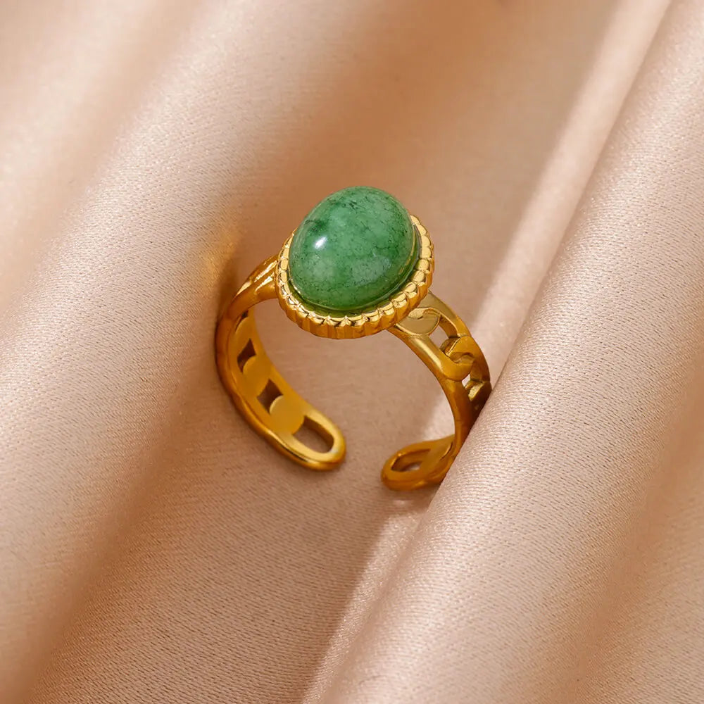 Stainless Steel Smooth Double Ball Beads Rings For Woman Vintage Opal Natural Stone Ring Fashion Gold Color Aesthetic Jewelry