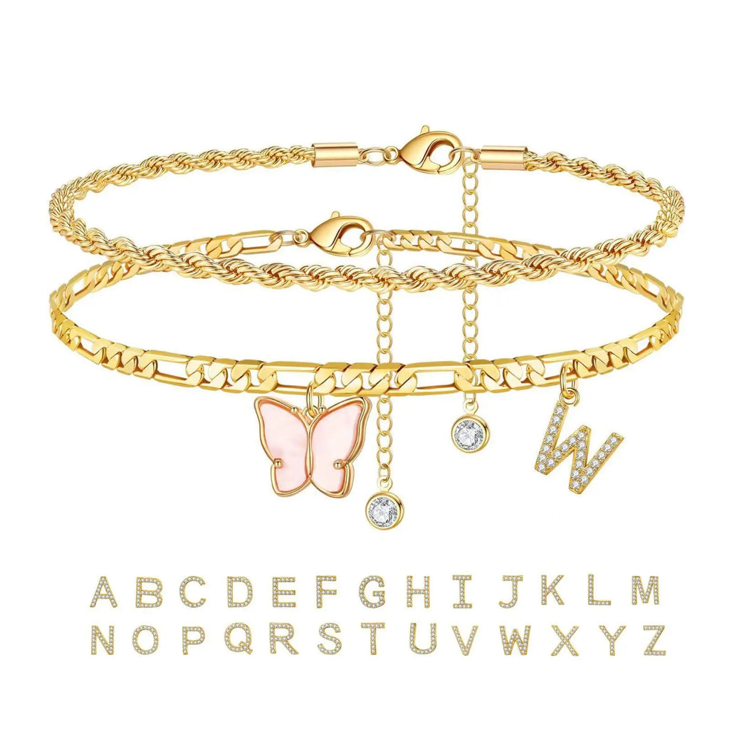 2Pcs Stainless Steel Initial Anklet Set For Women 26 Letter Acrylic Butterfly Charm Chain On Foot Summer Ankle Bracelet Jewelry