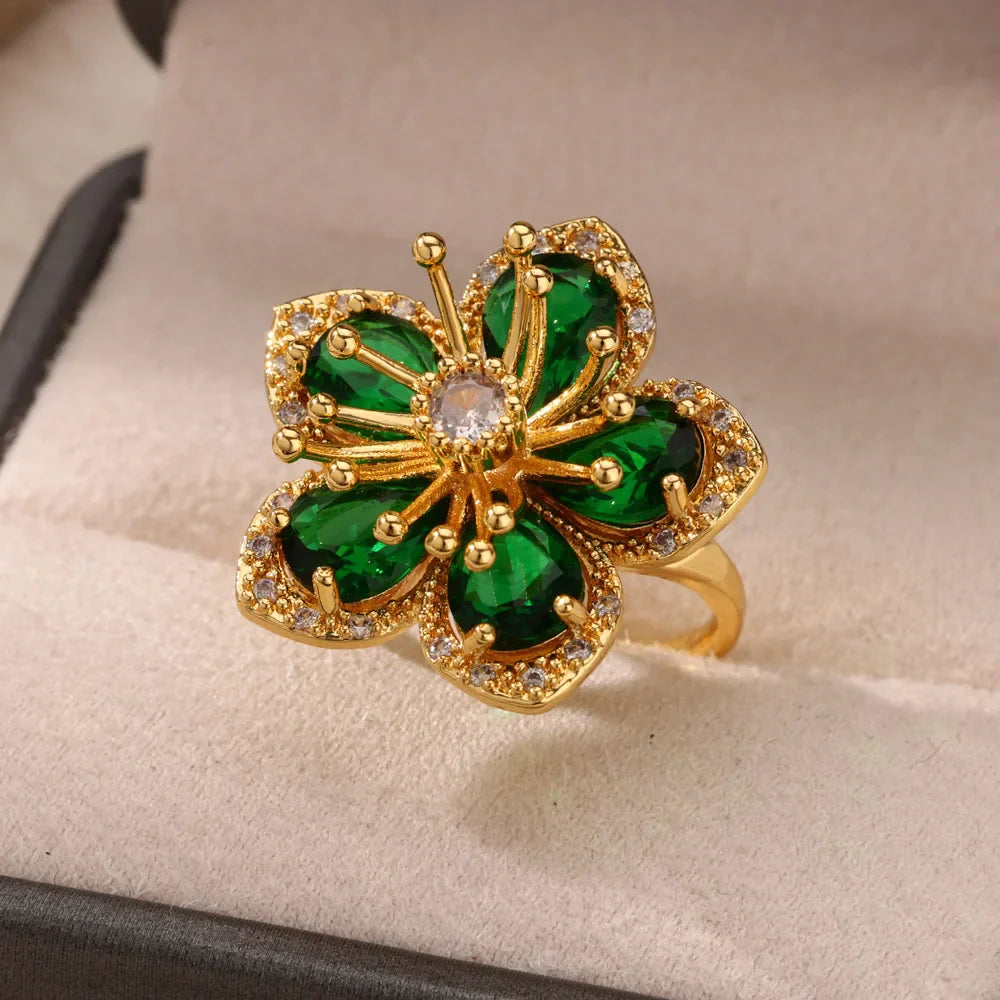 Stainless Steel Flower Big Open Rings For Women Gold Color Imitation Pearl Hollow Out Ring Trendy Aesthetic Jewerly Gifts