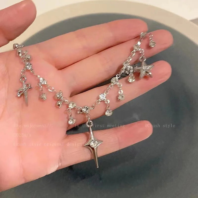 Kpop Star Pendent Necklace for Women Punk Simple Zircon Tassel Clavicle Chain Choker Elegent Party Gift Jewelry Girl
