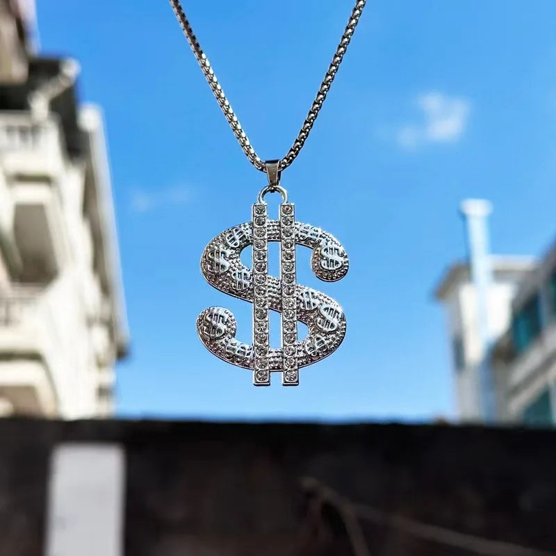 1pcs Creative Dollar Necklace Pendant Exaggeration Diamond S$ Pendant Necklace Male Hip Hop Personality Pendant Sweater Chain