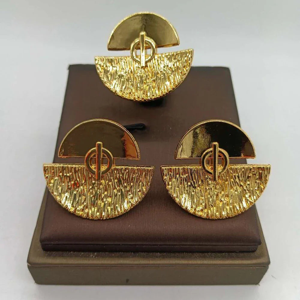 Dubai Gold Plated Earrings and Ring Jewelry Set for Women Hollow out Design Earrings and Finger Ring Set for Engagement Gifts