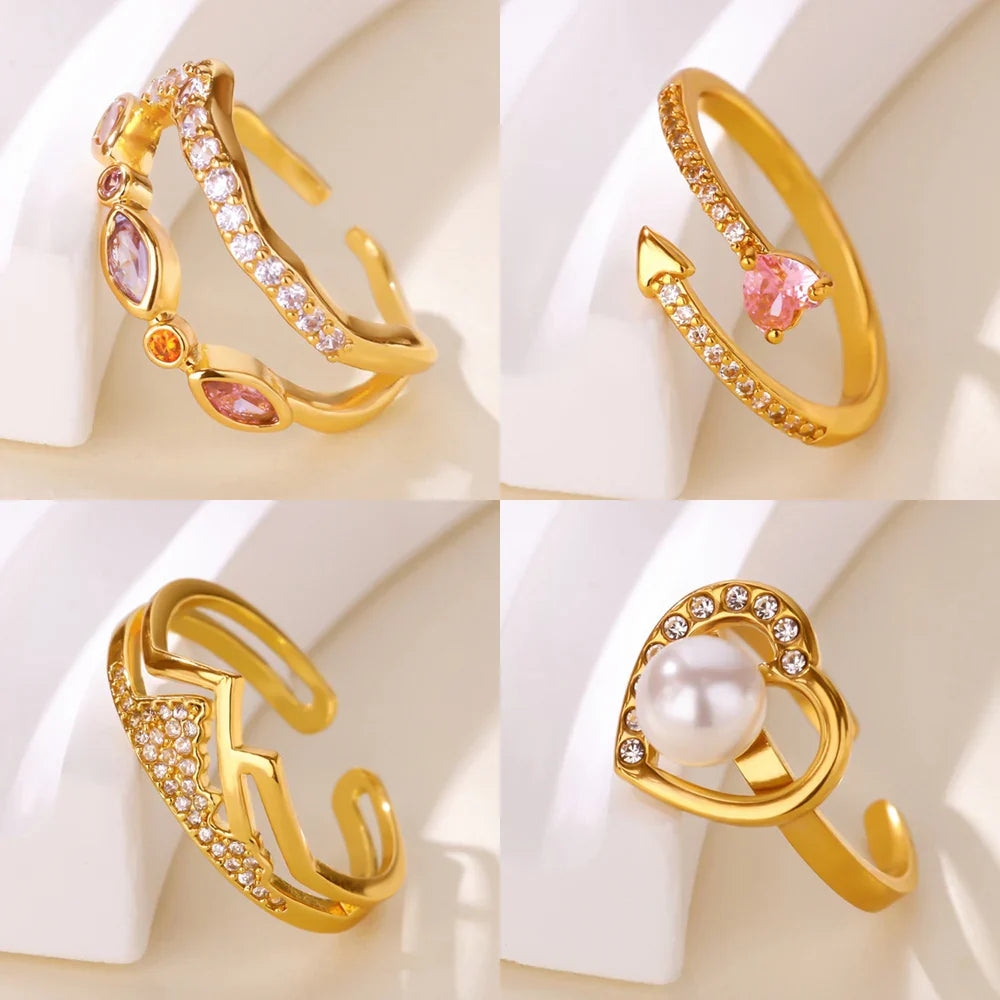 Fashion Pink Heart Zircon Rings for Women Gold Color Stainless Steel Imitation Pearl Ring Elegant Aesthetic Wedding Jewelry Gift