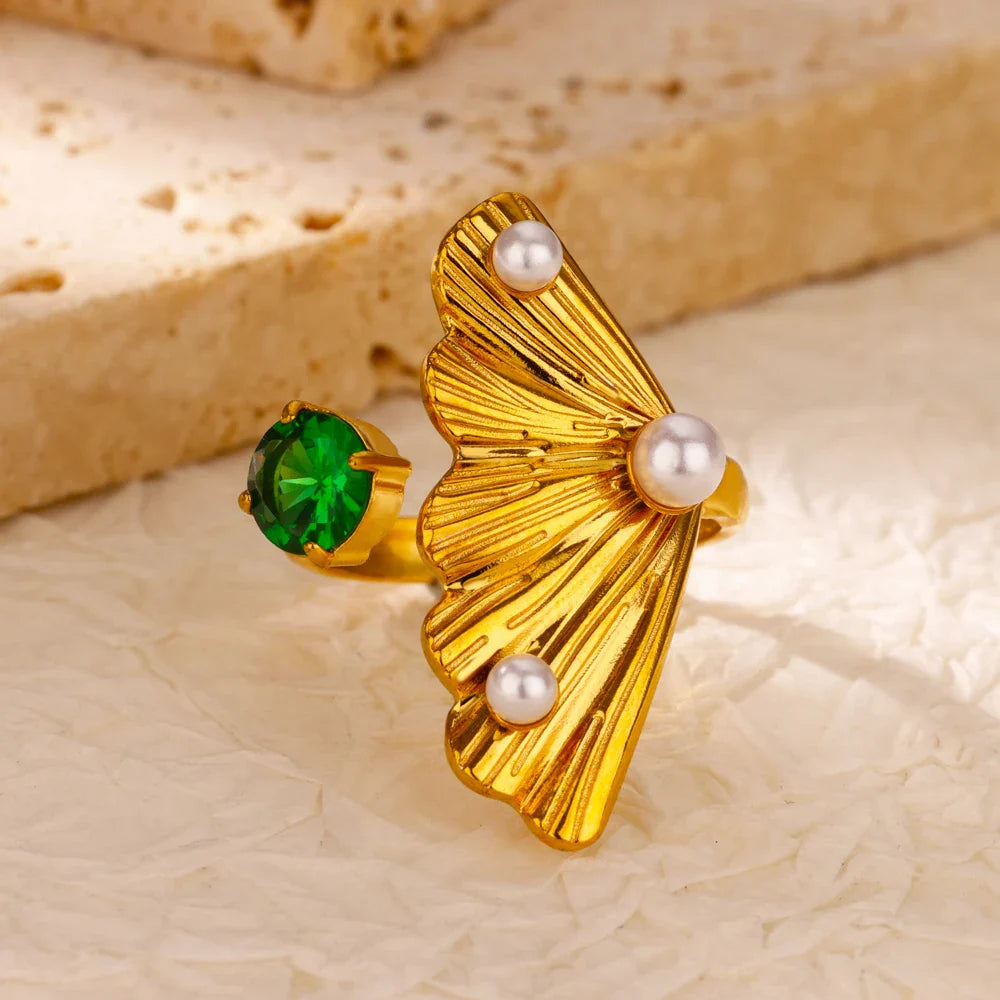 Green Cubic Zircon Heart Rings For Women Vintage Gold Color Stainless Steel Open Ring Fashion Aesthetic Jewelry Wedding Gift