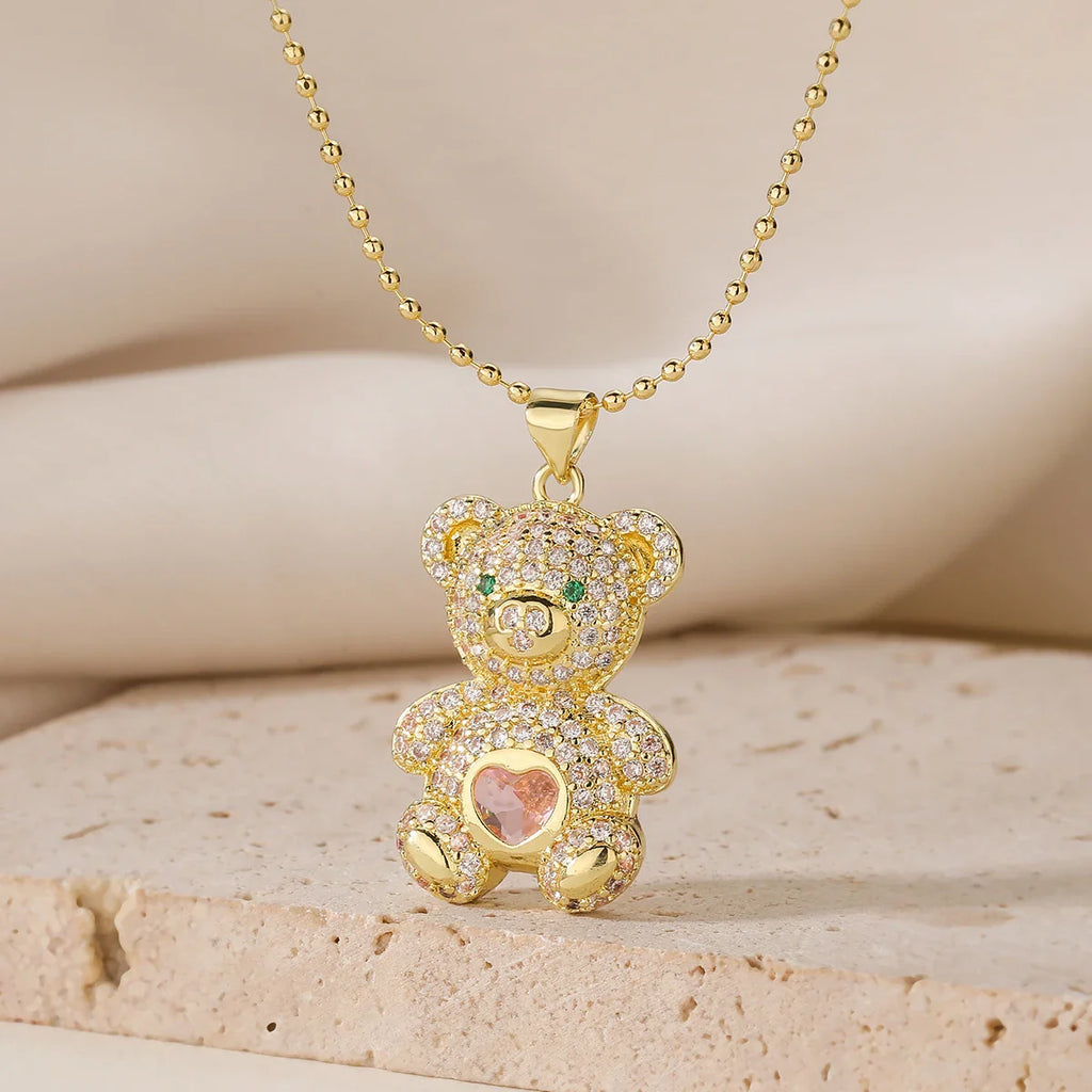 NEWBUY Hot Sale 2 Style Lovely Bear Pendant Necklaces For Women Shiny CZ Zircon Inlay Gold Color Copper Jewelry