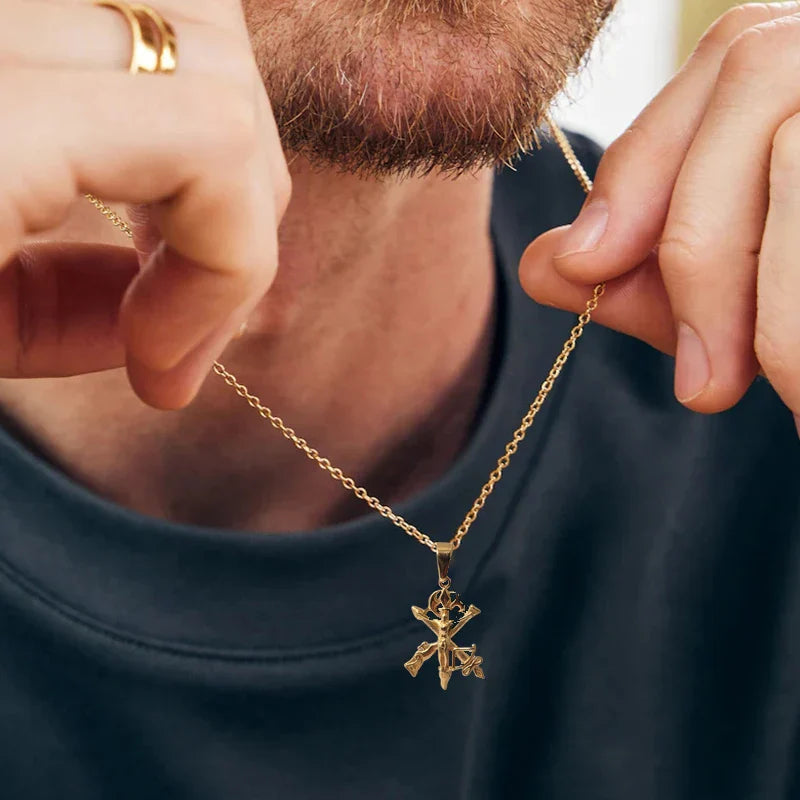 Men's Jesus Cross Necklace 18K Gold Plated Stainless Steel Christian Gun Arrow Pendant Religious Jewelry Gift