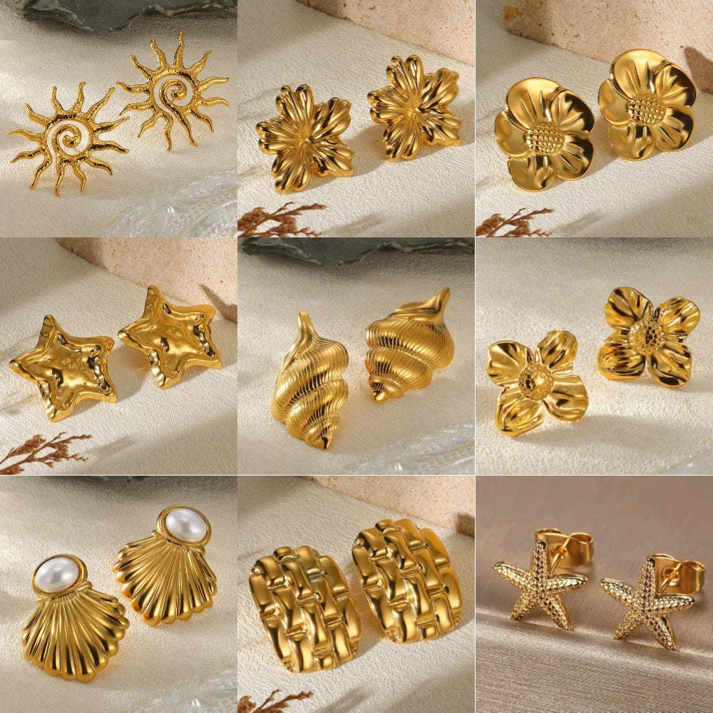 Geometric Flower Stainless Steel Earrings Women Sweet Sunflower Star Gold Color Ear Piercing Jewelry Wedding Accessories Gifts