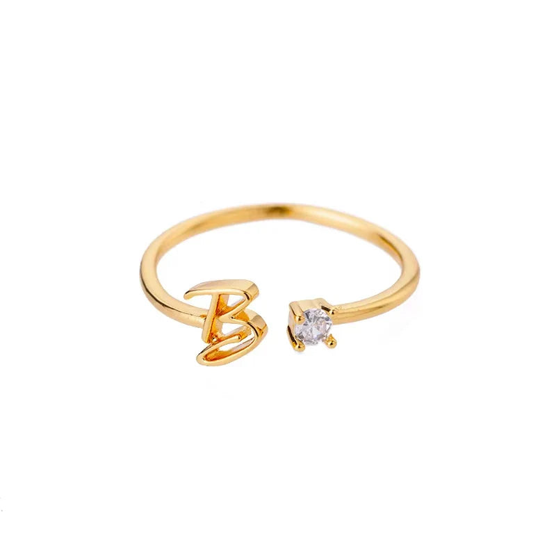 Zircon Initial Letter Ring for Women Stainless Steel Gold Color Alphabet Open Ring Trendy Wedding Birthday Aesthetic Jewelry