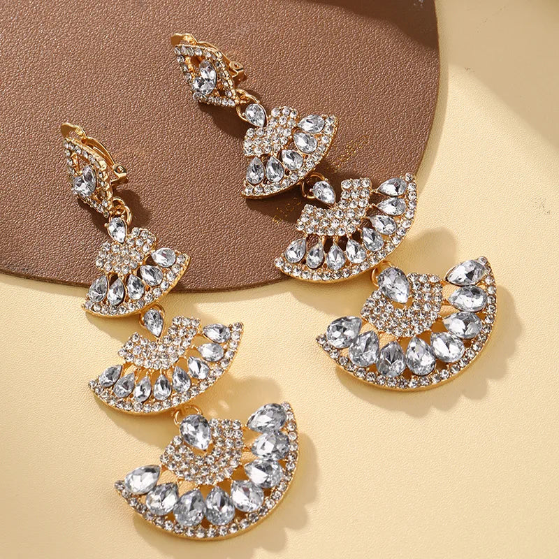 Vintage White Crystal Drop Earrings for Women Oversize Long Sector Geometric Dangle Earrings Statement Jewelry
