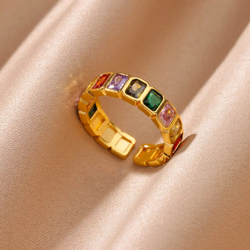 Colored Zircon Rings for Women Gold Color Stainless Steel Adjustable Ring 2024 Trend Wedding Engagement Jewelry anillos mujer