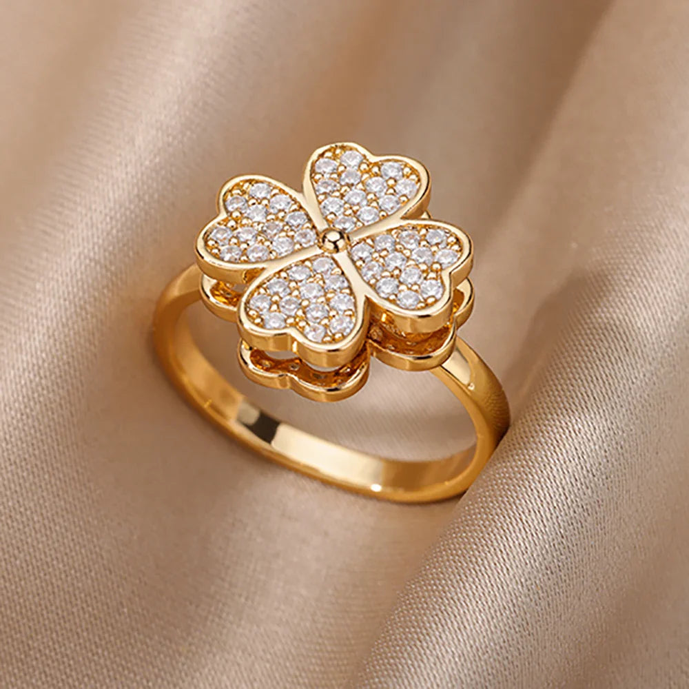 Fashion Zircon Sun Flower Rings For Women Stainless Steel Gold Color Geometric Ring Trendy Wedding Party Aesthetic Jewelry Gifts