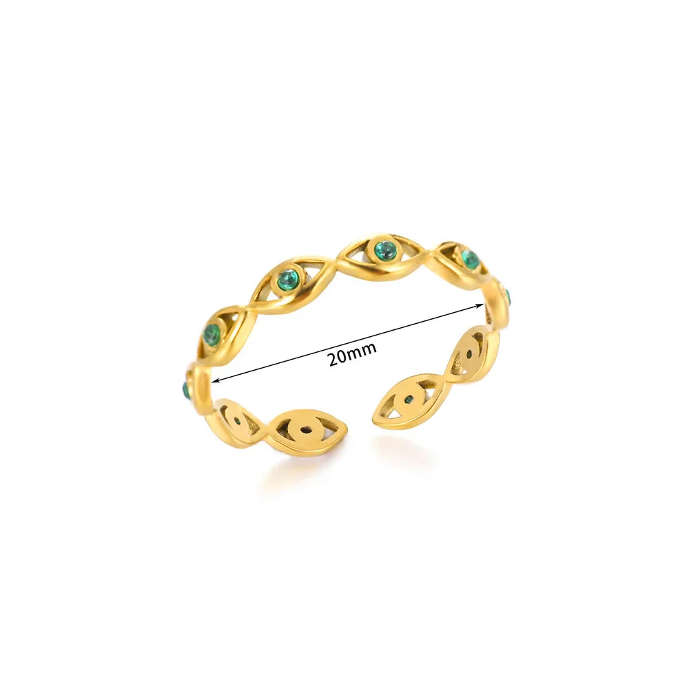 Green Zircon Evil Eye Rings For Women Stainless Steel Gold Color Geometric Open Ring New Wedding Waterproof Fashion Jewelry Gift