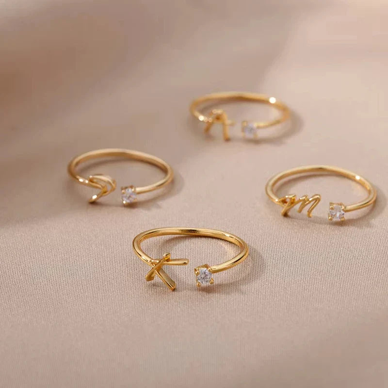 A-Z Initial Letter Open Rings for Women Stainless Steel Gold Color Zircon Adjustable Ring Trendy Couple Wedding Jewelry Gift
