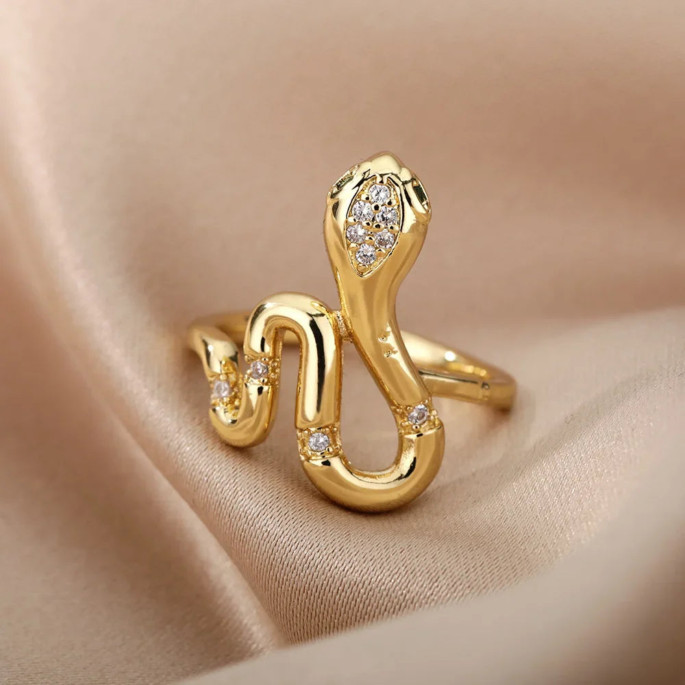 Stainless Steel Snake Rings For Women Men Gold Color Open Adjustable Zircon Ring Vintage Gothic Aesthetic Jewelry anillos mujer