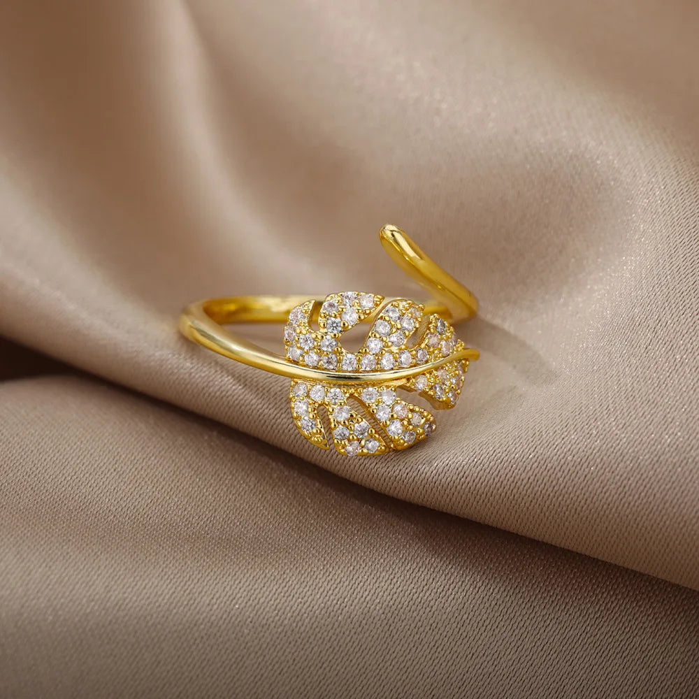 Zircon Chain Cross Rings For Women Vintage Gold Color Stainless Steel Geometric Open Ring Fashion Wedding Aesthetic Jewelry Gift
