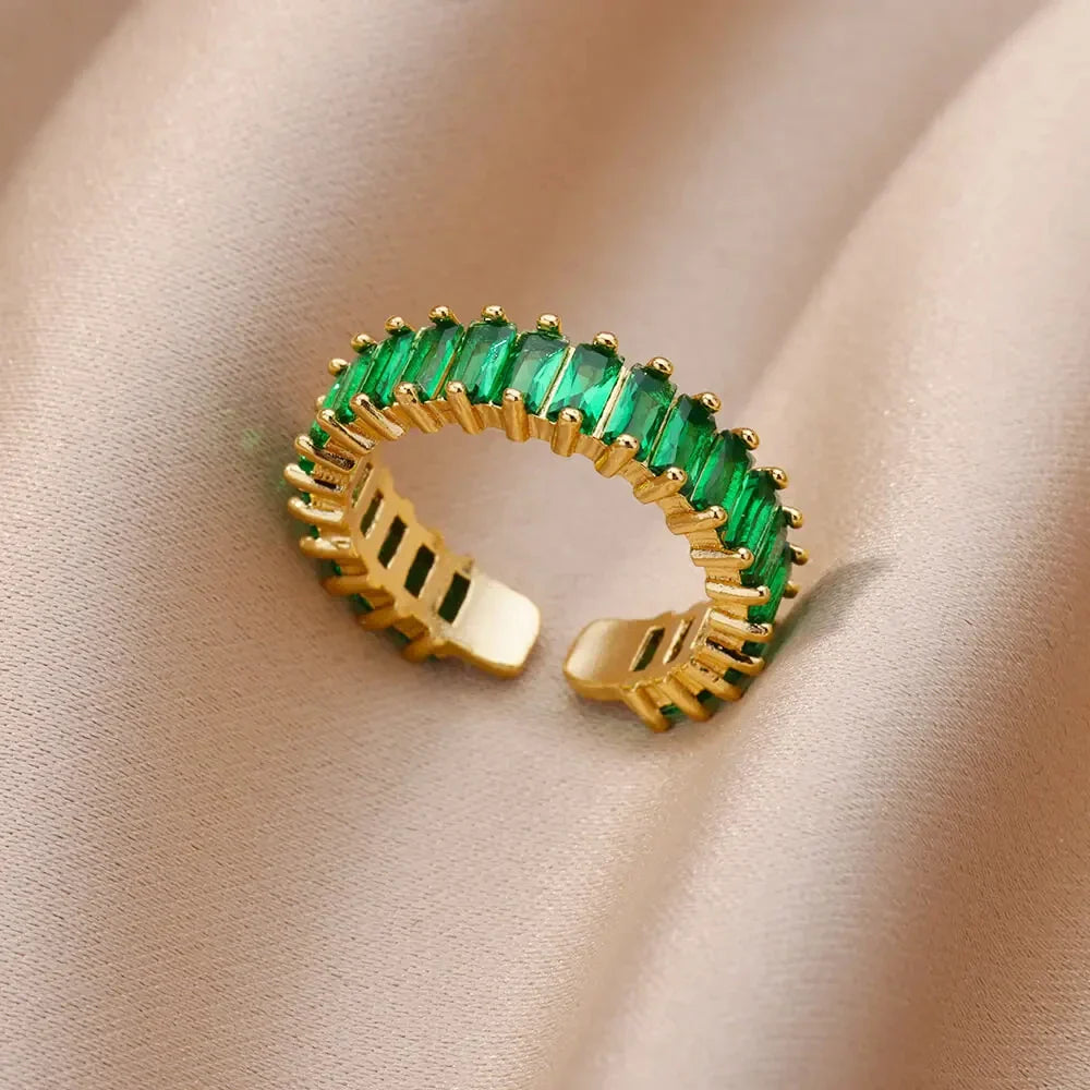 Colorful Cubic Zircon Ring for Women Stainless Steel Gold Color Open Ring Vintage Boho Wedding Party Jewelry Gift Accessories