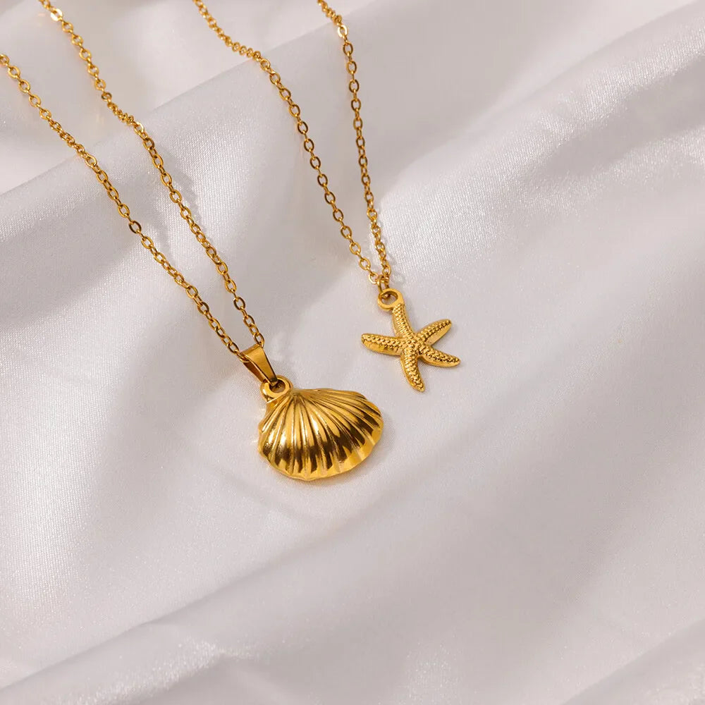 Vintage Starfish Shell Necklaces For Women Gold Color Stainless Steel Pendant Shell Necklace Aesthetic  Summer Jewelry Gift bff