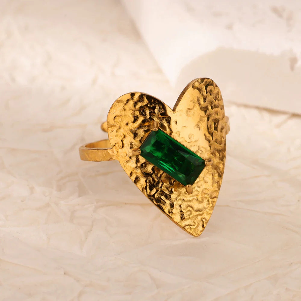 Green Cubic Zircon Heart Rings For Women Vintage Gold Color Stainless Steel Open Ring Fashion Aesthetic Jewelry Wedding Gift