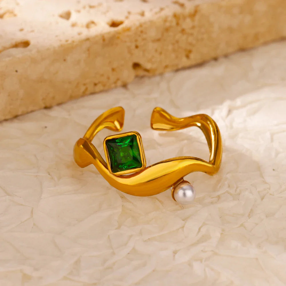 Green Cubic Zircon Heart Rings For Women Vintage Gold Color Stainless Steel Open Ring Fashion Aesthetic Jewelry Wedding Gift