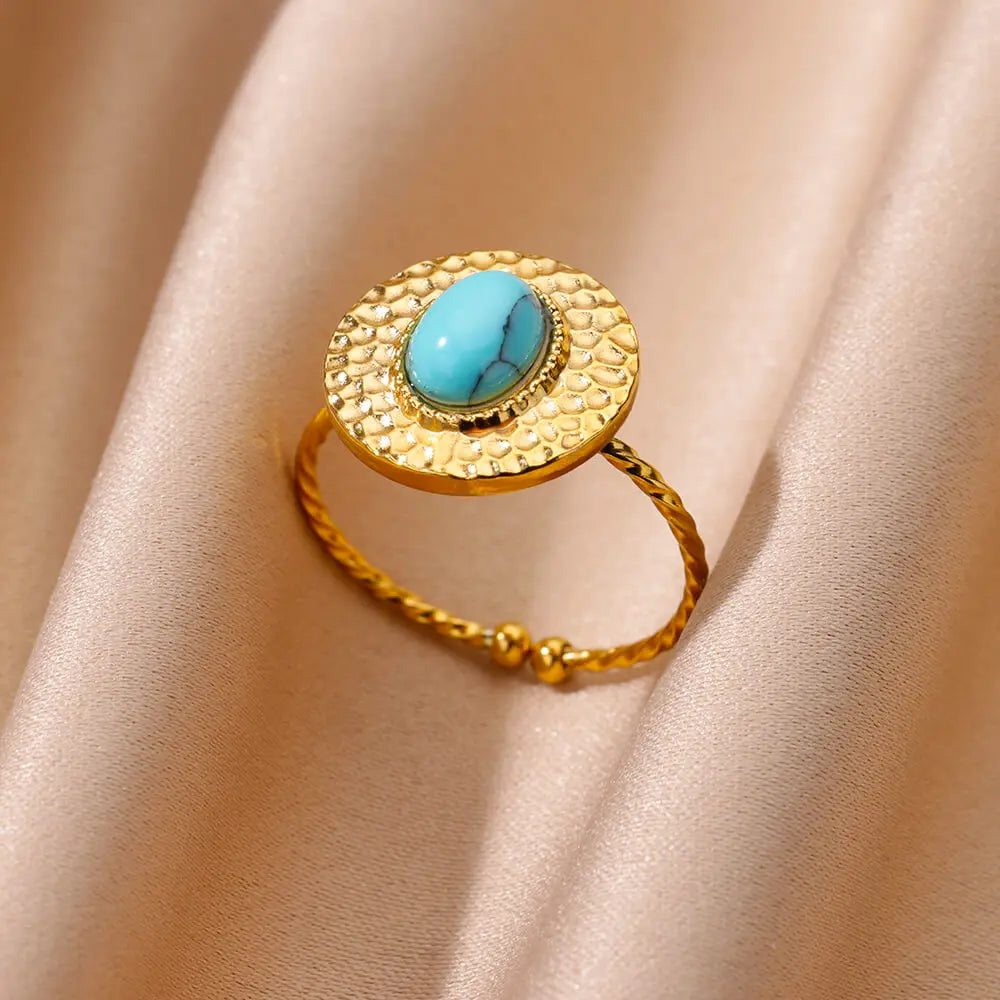 Gold Color Stainless Steel Shell Rings For Women Vintage Oval Blue Stone Adjustable Ring Fashion Party Jewelry Anniversary Gift